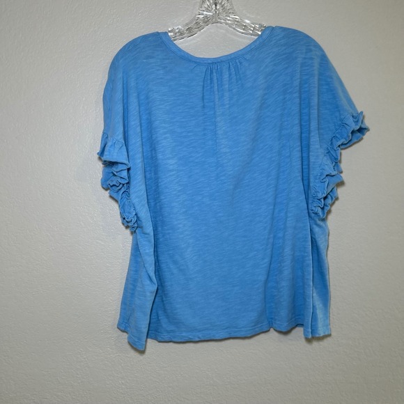 Pilcro Anthropologie Blue V Neck Ruffle Sleeve Cotton T Shirt Top Women's Size L - Picture 7 of 7